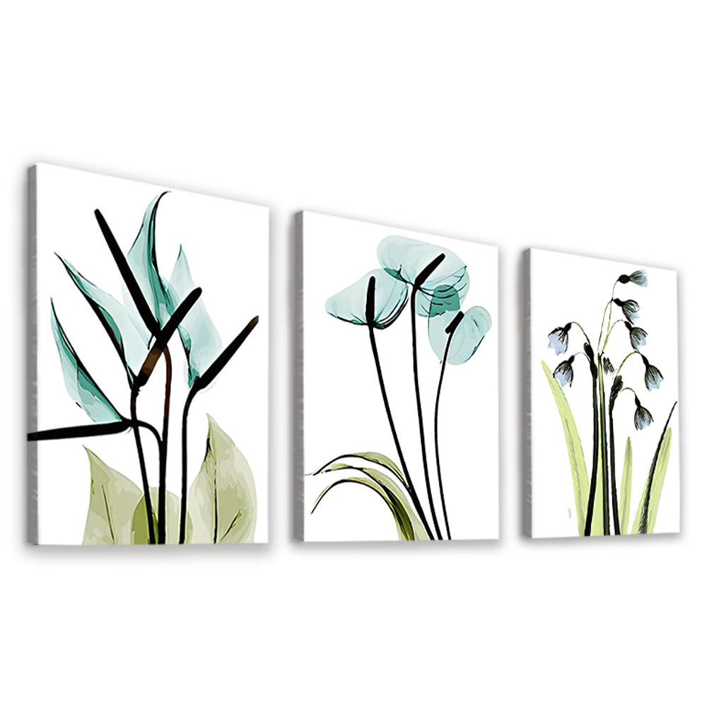 Pintura de Arte de Flores Azules y Hojas Verdes 3 Partes Pintar por Números