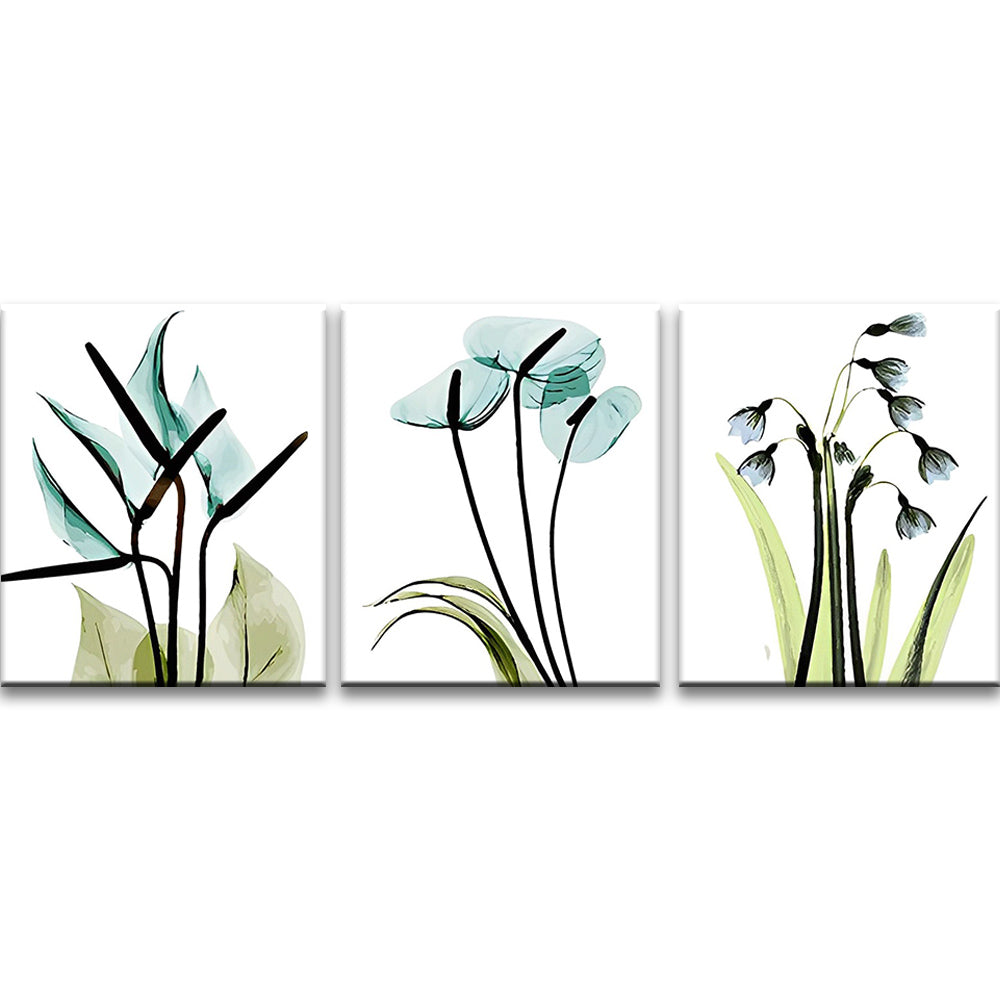 Pintura de Arte de Flores Azules y Hojas Verdes 3 Partes Pintar por Números
