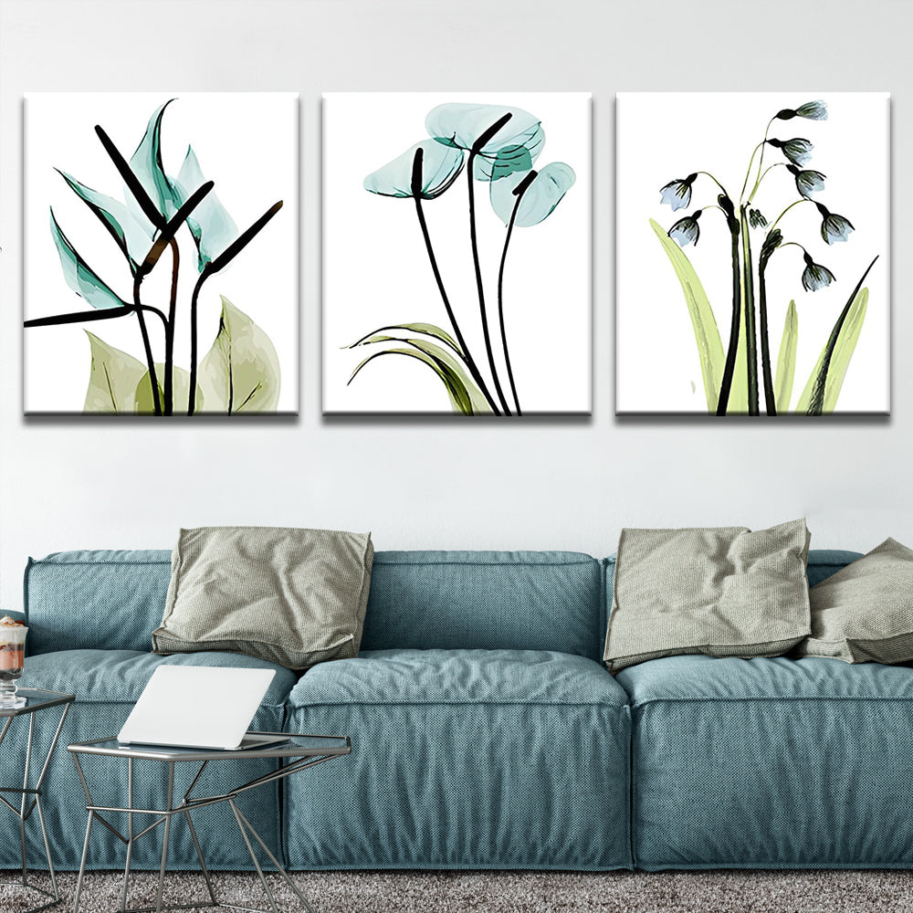 Pintura de Arte de Flores Azules y Hojas Verdes 3 Partes Pintar por Números
