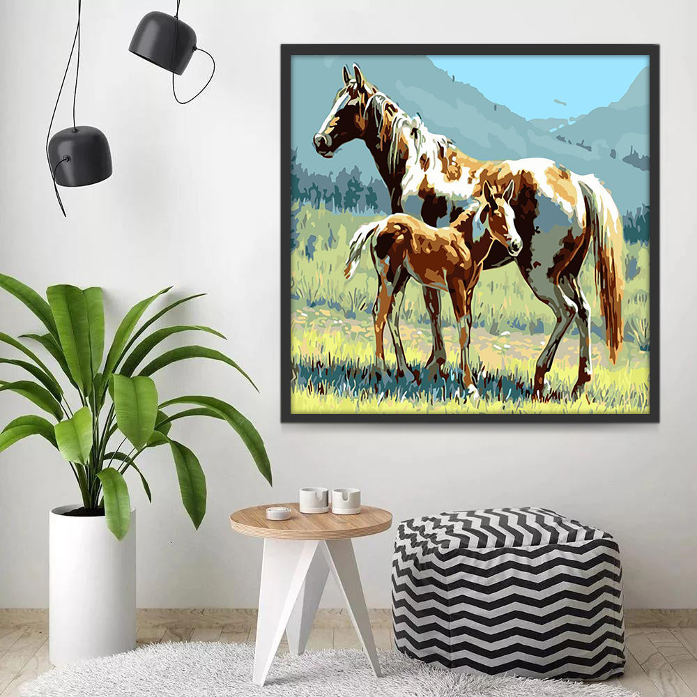 Pintura de Caballo y Caballo Pequeño en Hierba Pintar por Números