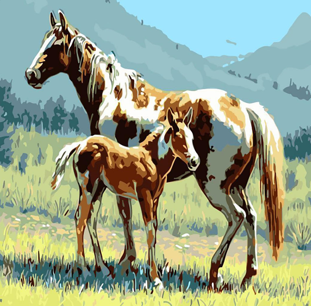 Pintura de Caballo y Caballo Pequeño en Hierba Pintar por Números