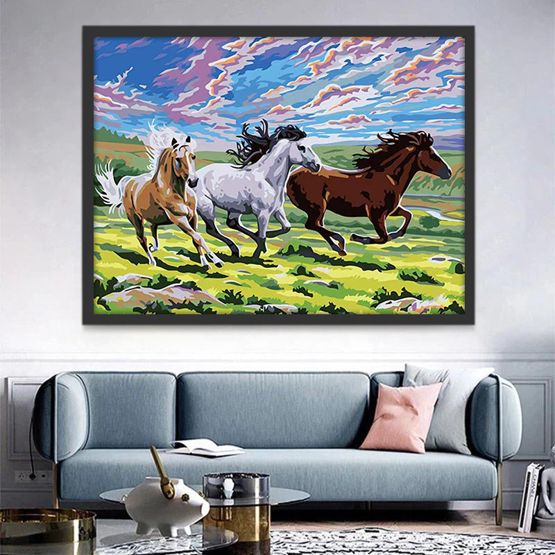 Pintura de Caballos Corriendo en Hierba Verde Pintar por Números