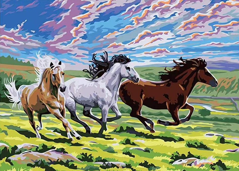 Pintura de Caballos Corriendo en Hierba Verde Pintar por Números