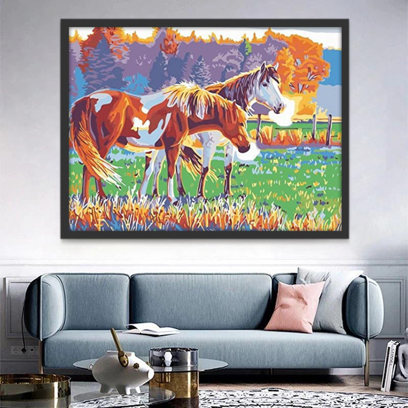 Pintura de Caballos en Césped de Valla Pintar por Números