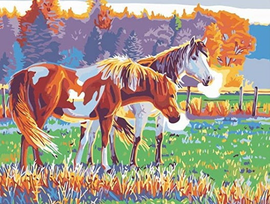 Pintura de Caballos en Césped de Valla Pintar por Números