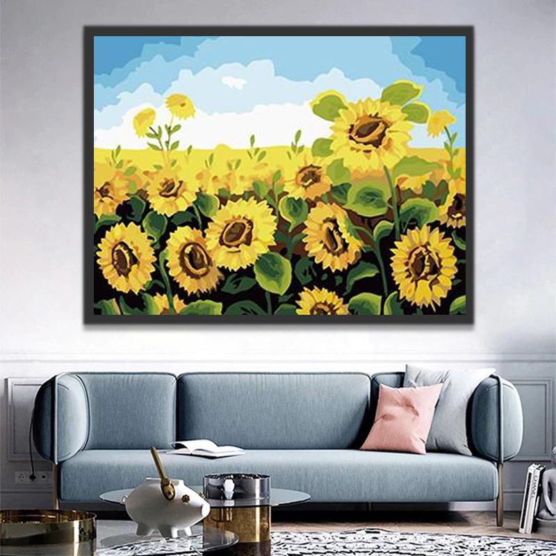 Pintura de Campo de Girasol y Cielo Azul al Óleo Pintar por Números