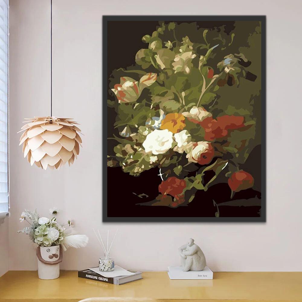 Pintura de Flores con Fondo Oscuro en Estilo Abstracto Pintar por Números
