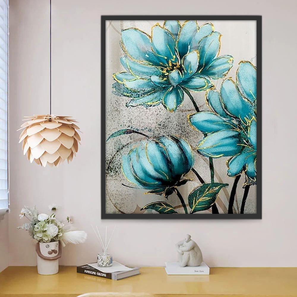 Pintura de Flores de Color Cian y Dorado Pintar por Números