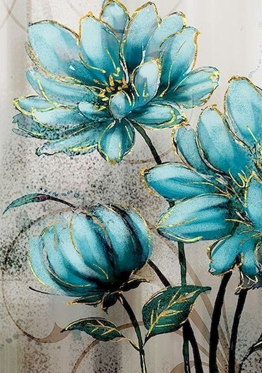 Pintura de Flores de Color Cian y Dorado Pintar por Números