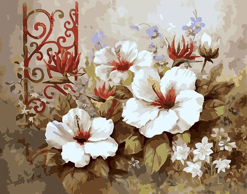 Pintura de Flores de Hibisco Blanco Floreciente Pintar por Números