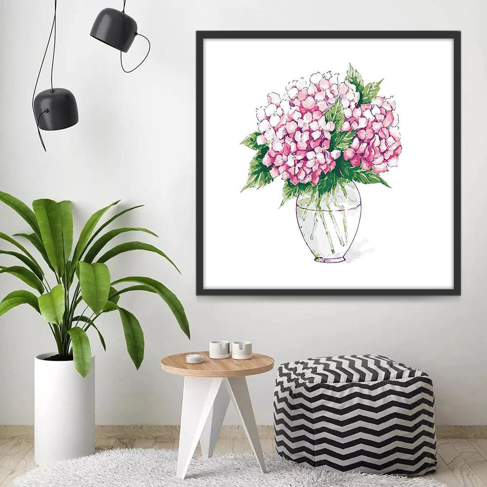 Pintura de Hortensias Rosadas en Florero de Vidrio Pintar por Números