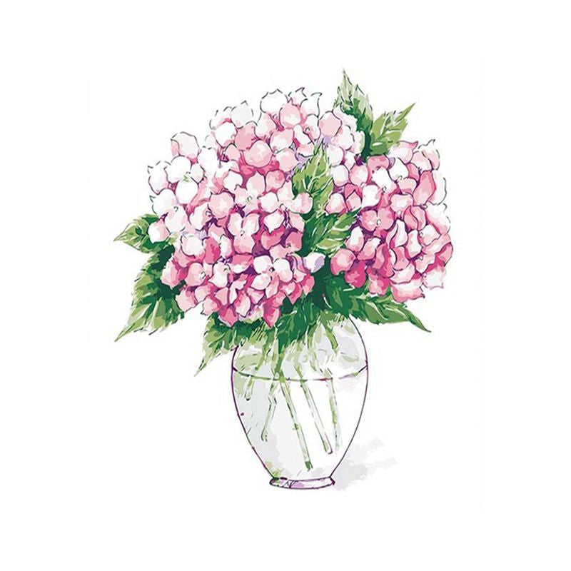 Pintura de Hortensias Rosadas en Florero de Vidrio Pintar por Números