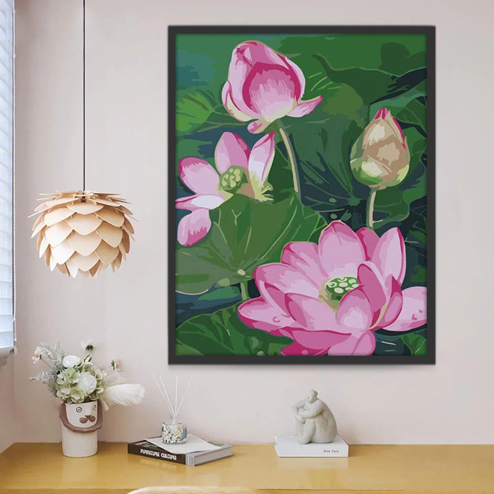 Pintura de Lotos Rosados entre Hojas Verdes de Loto Pintar por Números