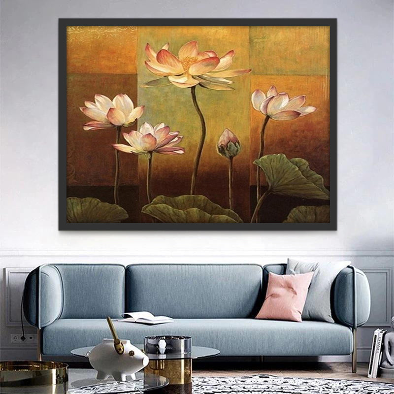Pintura de Lotos Rosados y Hojas Verdes de Loto Pintar por Números