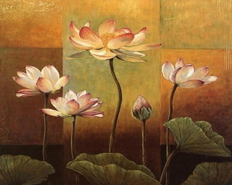 Pintura de Lotos Rosados y Hojas Verdes de Loto Pintar por Números