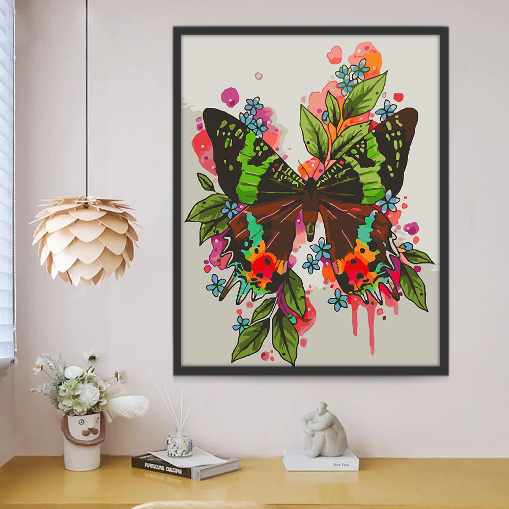 Pintura de Mariposa y Hojas Verdes Pintar por Números