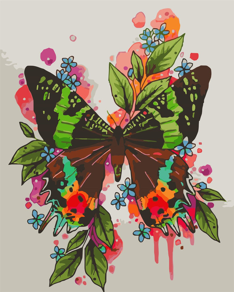 Pintura de Mariposa y Hojas Verdes Pintar por Números