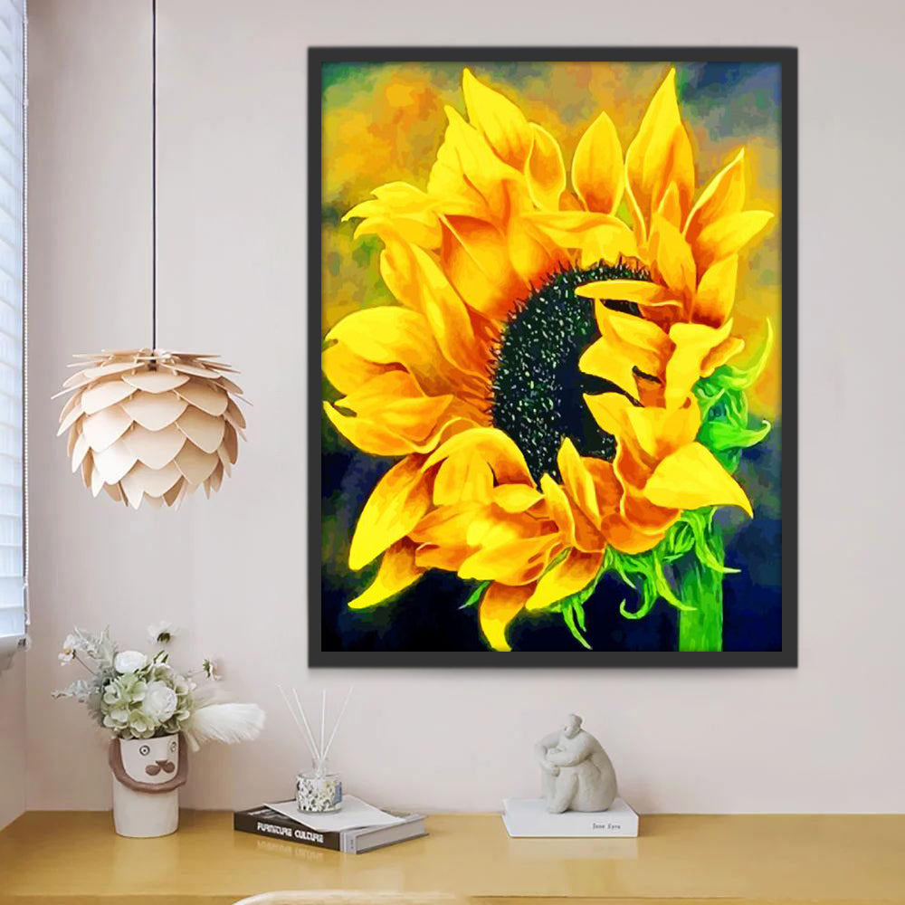 Pintura de un Girasol con Fondo Oscuro Pintar por Números