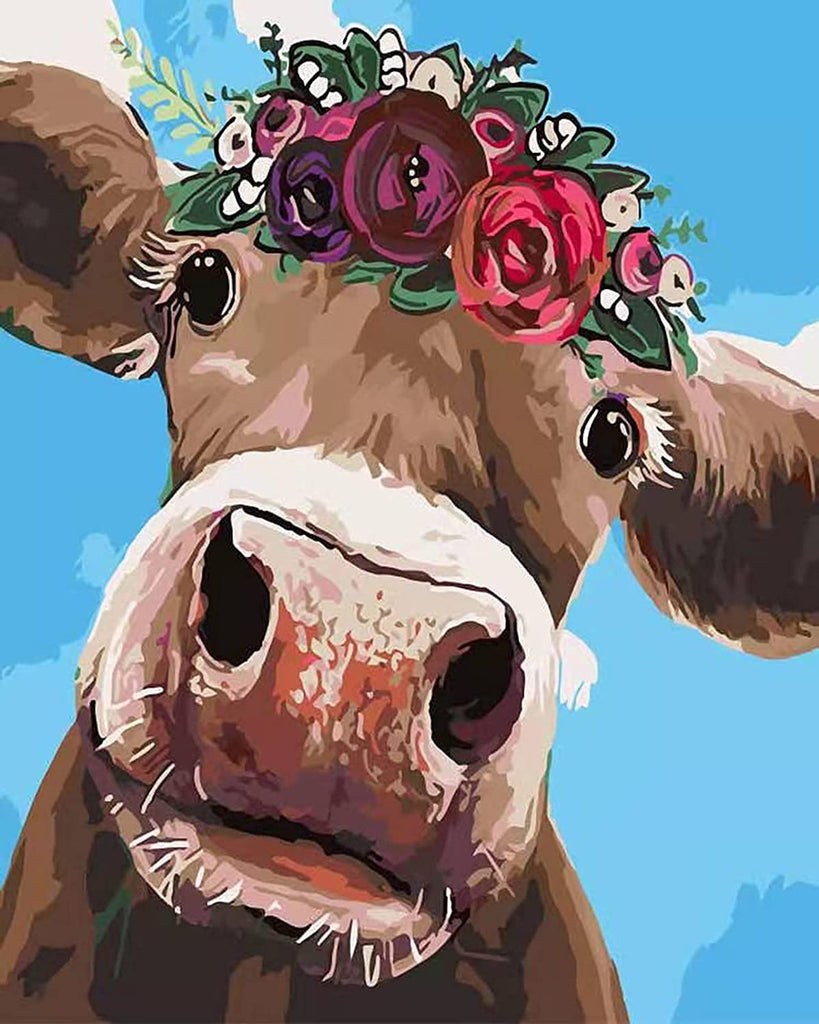 Pintura de Vaca con Corona de Flores Rojas y Moradas Pintar por Números