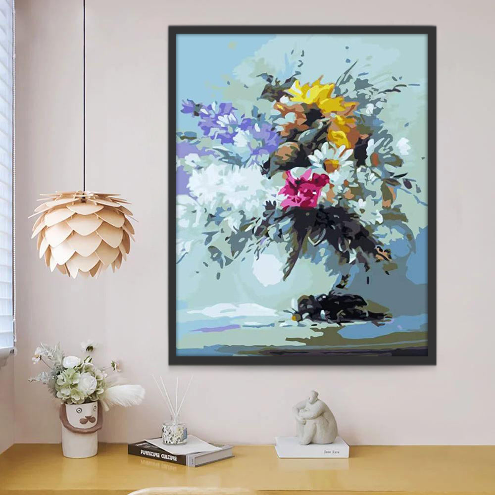 Pintura en Estilo Abstracto de Florero Blanco con Flores Pintar por Números