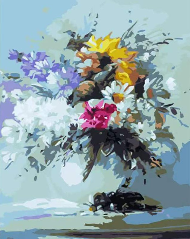 Pintura en Estilo Abstracto de Florero Blanco con Flores Pintar por Números