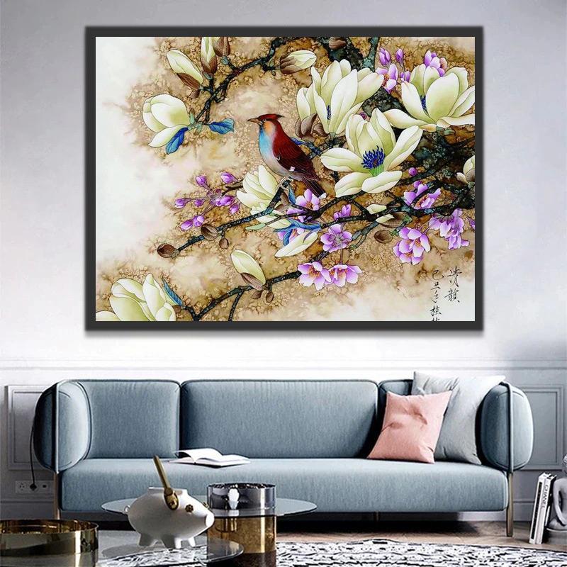 Pintura Tradicional China de Pájaro y Rama de Magnolias Pintar por Números