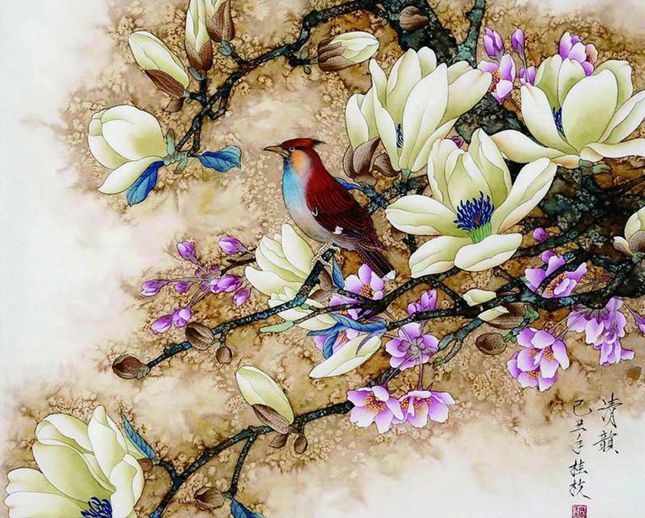 Pintura Tradicional China de Pájaro y Rama de Magnolias Pintar por Números