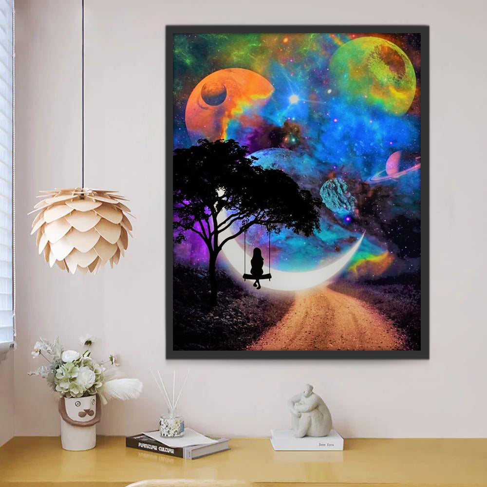 Planetas y Silueta de Niña y Columpio Pintar por Números