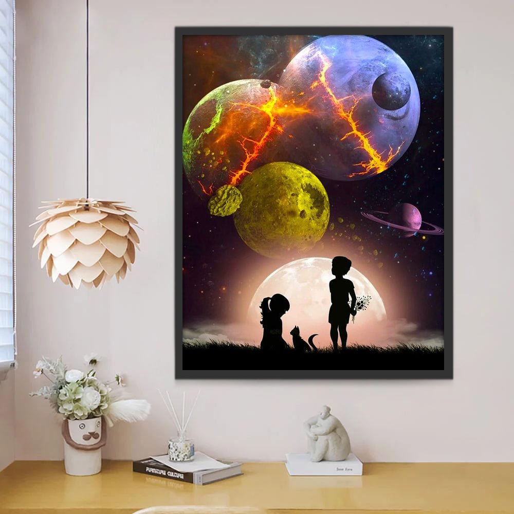 Planetas y Siluetas de Niños y Gatito Pintar por Números