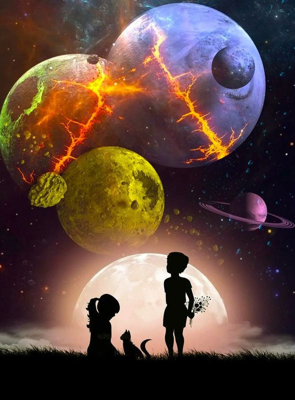 Planetas y Siluetas de Niños y Gatito Pintar por Números