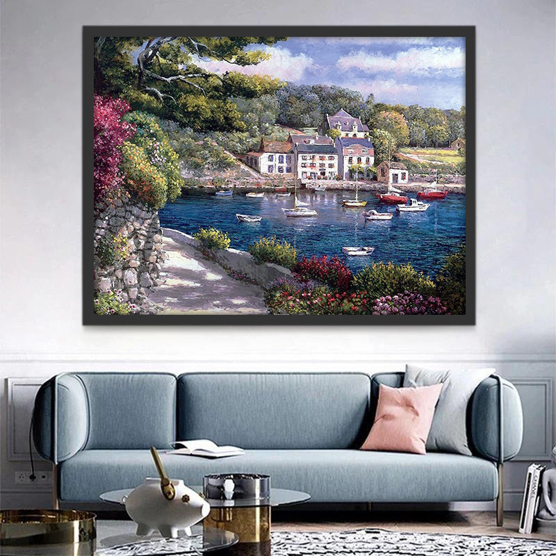 Pueblo al Lado de Mar con Barcos y Flores Pintar por Números