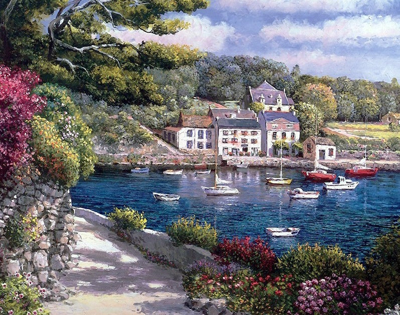 Pueblo al Lado de Mar con Barcos y Flores Pintar por Números