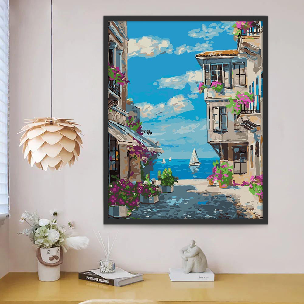 Pueblo con Flores a Vistas al Mar Pintar por Números