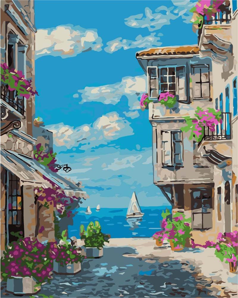 Pueblo con Flores a Vistas al Mar Pintar por Números