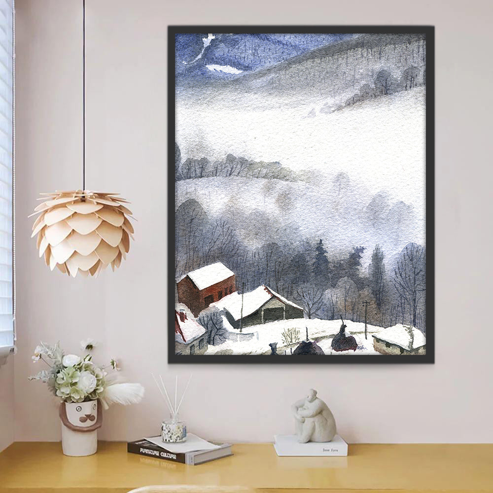 Pueblo con Nieve y Montañas con Niebla Pintar por Números