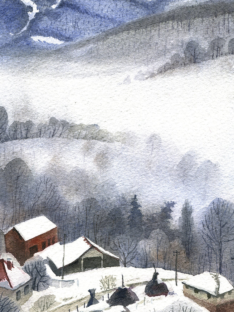 Pueblo con Nieve y Montañas con Niebla Pintar por Números