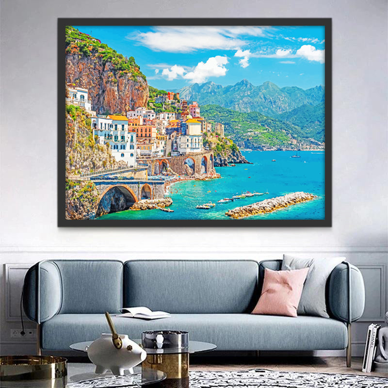 Pueblo Costero con Mar y Montañas Pintar por Números
