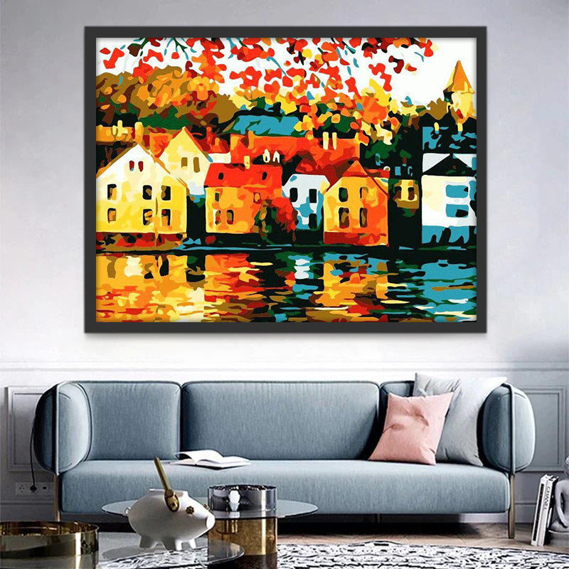 Pueblo Costero y Árbol de Otoño Pintar por Números