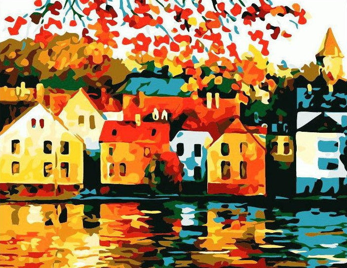 Pueblo Costero y Árbol de Otoño Pintar por Números