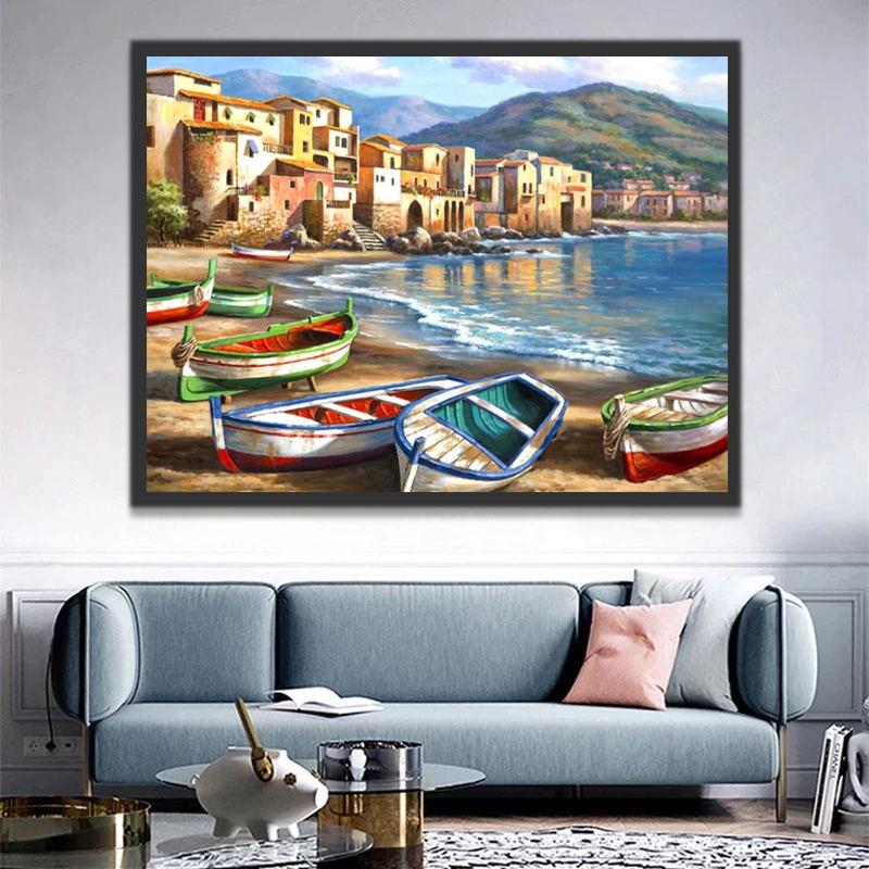 Pueblo Costero y Barcos en la Playa Pintar por Números