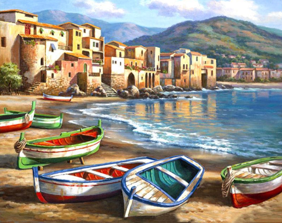 Pueblo Costero y Barcos en la Playa Pintar por Números