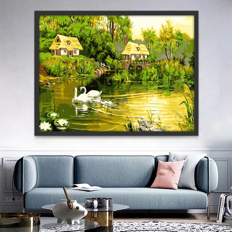 Pueblo de Bosque y Cisnes en el Lago Pintar por Números