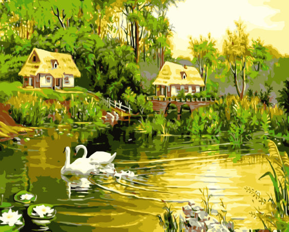 Pueblo de Bosque y Cisnes en el Lago Pintar por Números