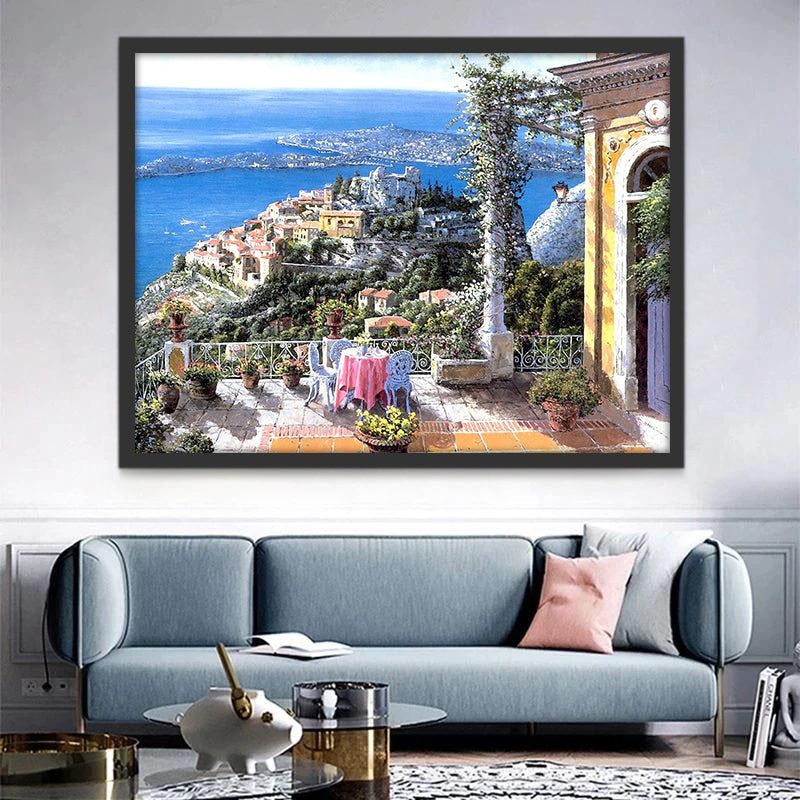 Pueblo de Montaña y Mar Azul Pintar por Números