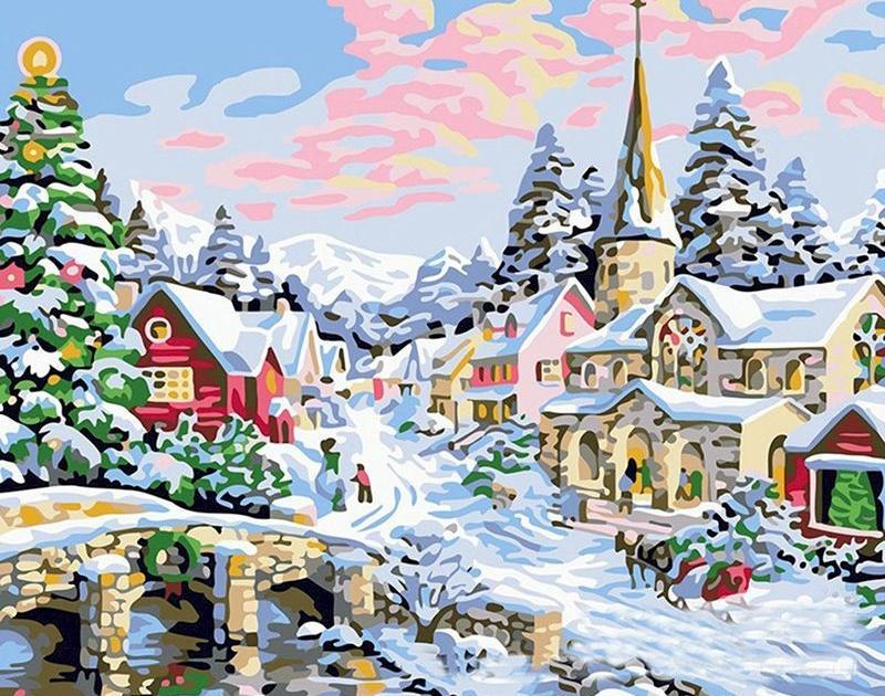 Pueblo de Navidad en el Bosque Nevado Pintar por Números