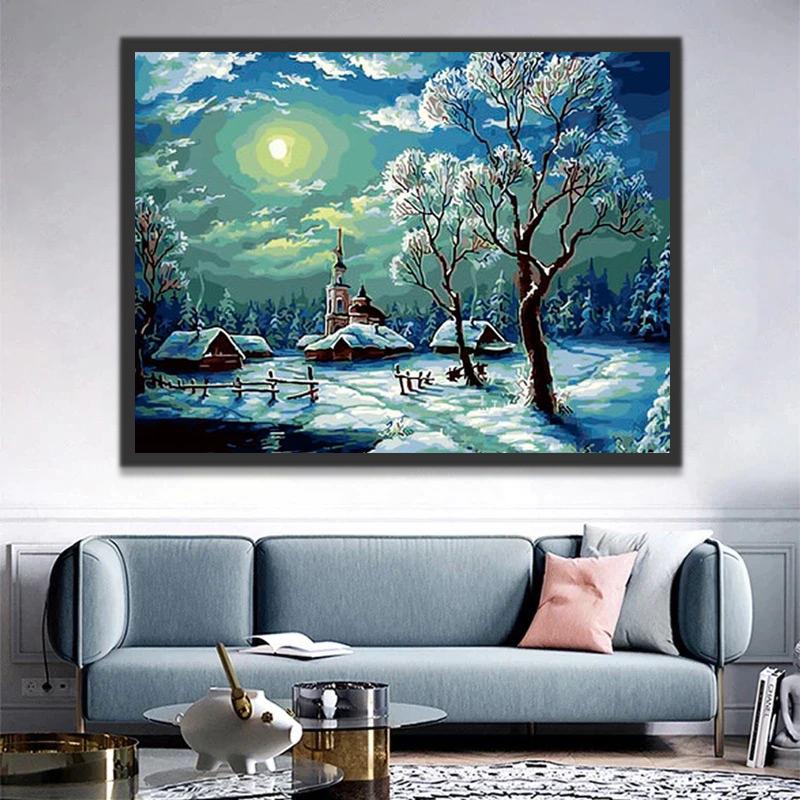 Pueblo en Invierno a la Luz de la Luna Pintar por Números