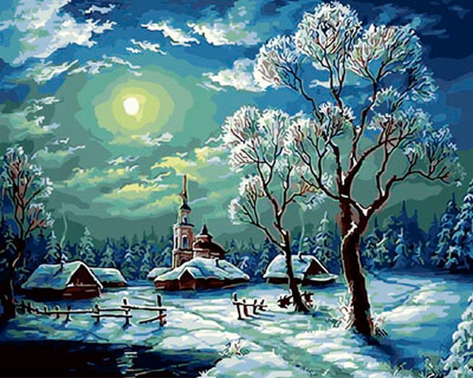 Pueblo en Invierno a la Luz de la Luna Pintar por Números