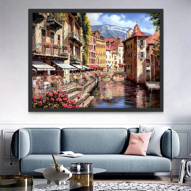 Pueblo Hermoso y Puente sobre Canal Pintar por Números