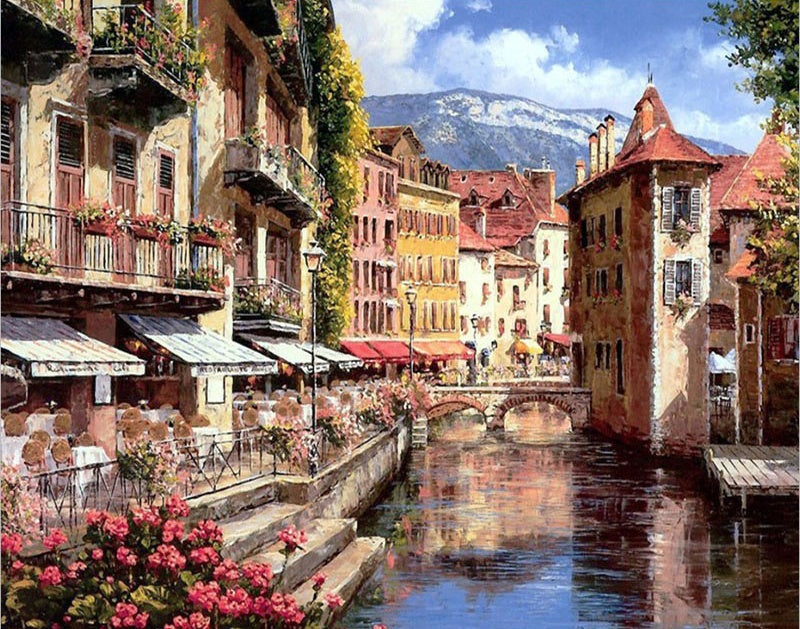 Pueblo Hermoso y Puente sobre Canal Pintar por Números