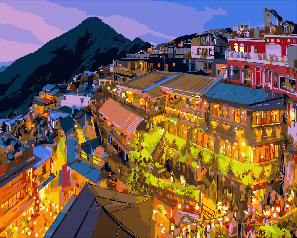 Pueblo Nocturno en Montaña Pintar por Números